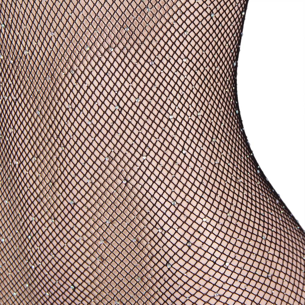 Black Fishnet Rhinestones Long Sleeve Bodystocking