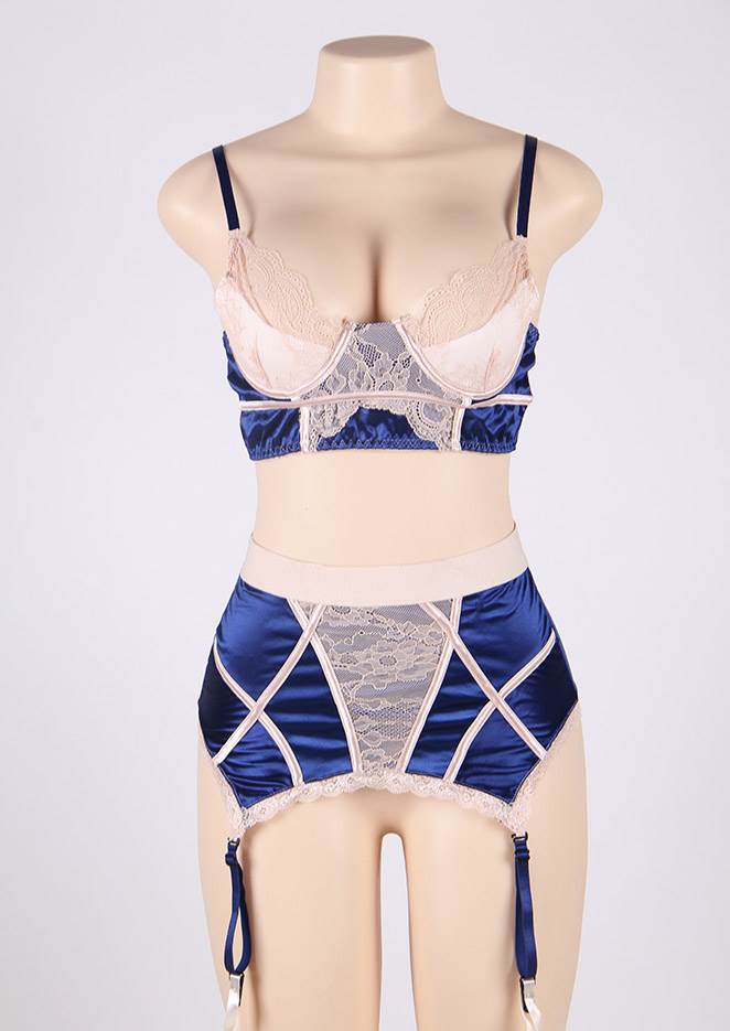 Navy Bra Set With Beige Lace Overlay