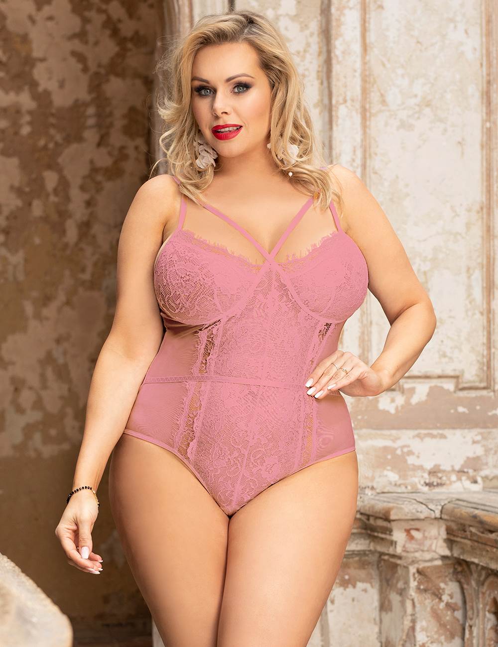 Pink Lace Eyelash Lace Splice Sexy Bodysuit