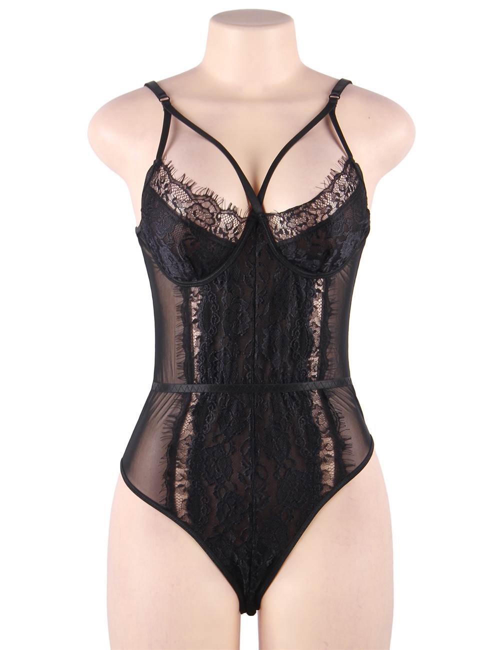 Black Lace Eyelash Lace Splice Sexy Bodysuit